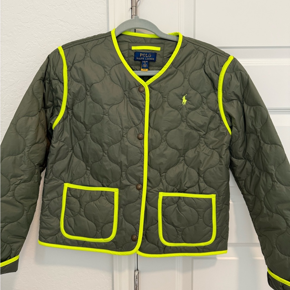 Polo Ralph Lauren Quilted Military Green Jacket with Neon Yellow Accents
